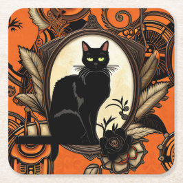 Steampunk Black Cat Halloween Underlägg Papper Kvadrat