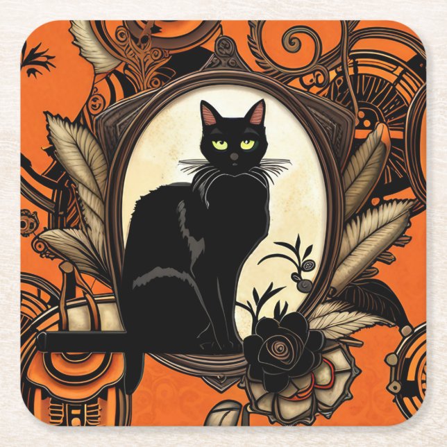 Steampunk Black Cat Halloween Underlägg Papper Kvadrat (Framsidan)