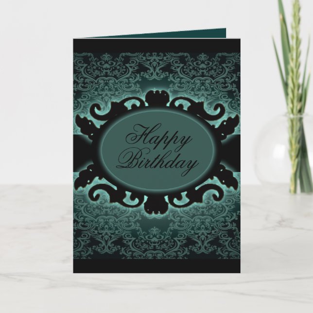 Steampunk Black Teal Damask Gothic monogram Kort (Framsida)