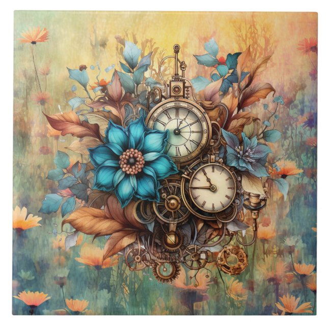 Steampunk Blommigt Decorative Kakelplatta (Framsidan)