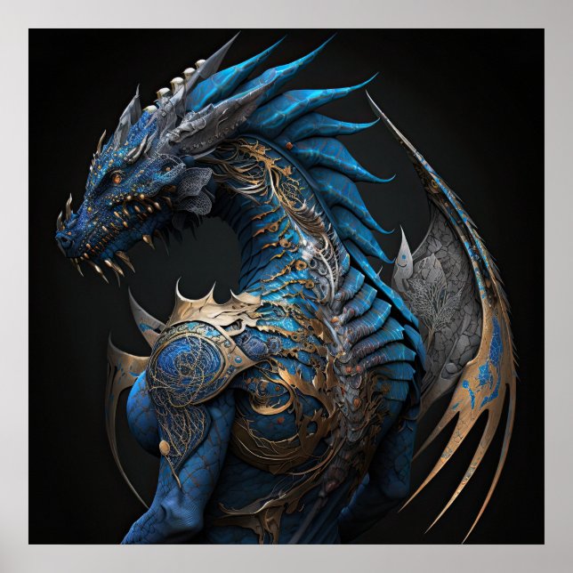 Steampunk blue drake med metall vingar AI art Poster (Framsidan)