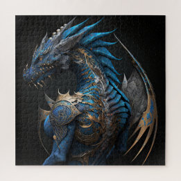 Steampunk blue drake med metall vingar AI art Pussel