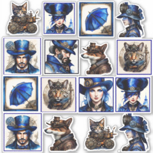 Steampunk Blue och Guld Watercolor Vinyl Stickers Klistermärken