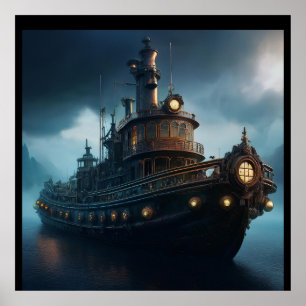 Steampunk-bogserbåt på en molnig dag musskydd poster