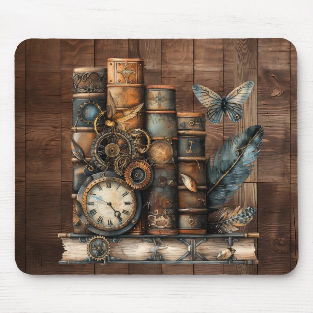 Steampunk Books Wood Background Mousepad Musmatta (Framsidan)