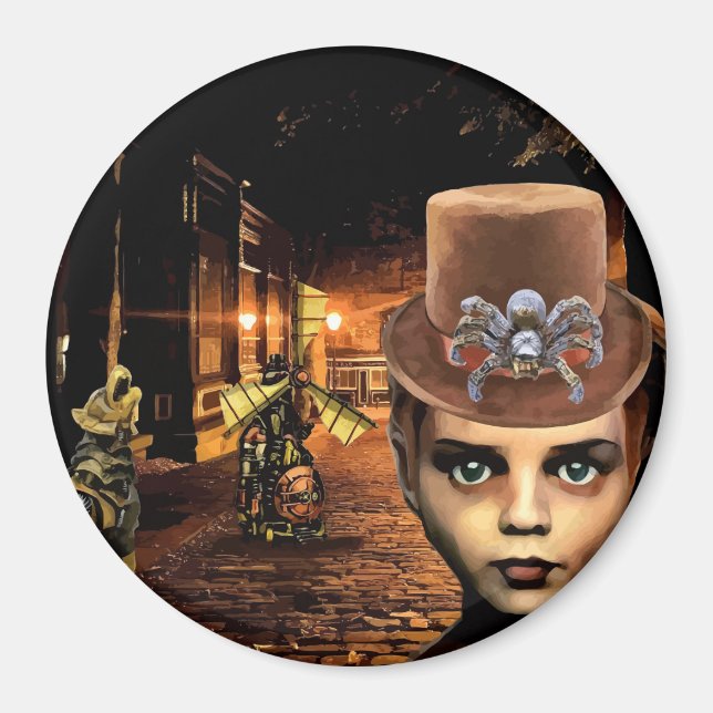 Steampunk Boy och Robot Hund Magnet (Framsidan)