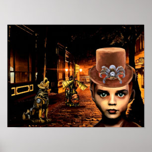 Steampunk Boy och Robot Hund Original Scifi Fantas Poster