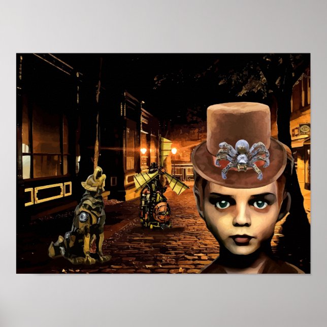 Steampunk Boy och Robot Hund Original Scifi Fantas Poster (Framsidan)