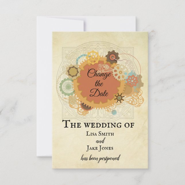 Steampunk Bröllop Förändra Datum Industriel Inbjudningar (Framsida)