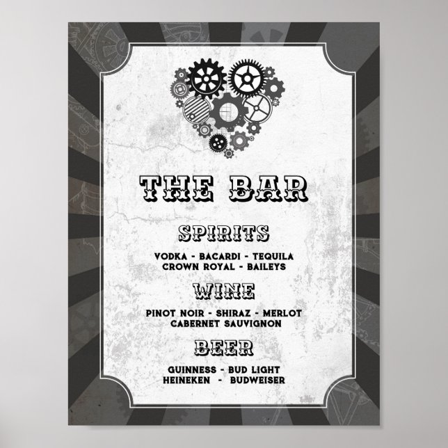 Steampunk Bröllop Hearts Cogs Pub Bröllop Poster (Framsidan)
