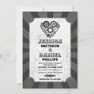 Steampunk Bröllop Hearts Cogs Retrofuturistic Inbjudningar