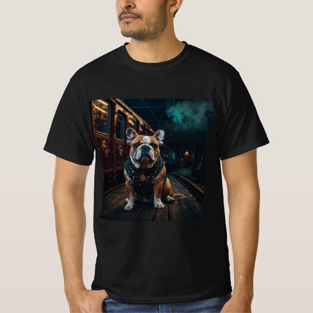 Steampunk Bulldog Stationmaster Porträtt T Shirt (Framsida)