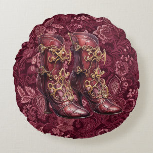 Steampunk Burgundy-Blommigten Rundad fyllning med  Rund Kudde