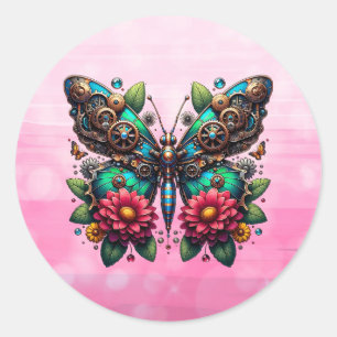 Steampunk Butterfly med växlar och blommor Runt Klistermärke