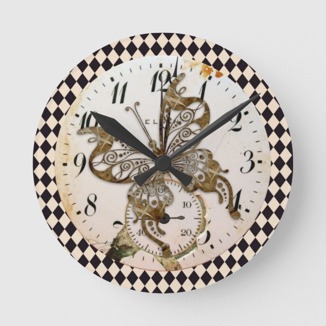 Steampunk Butterfly Round Rund Klocka (Framsida)