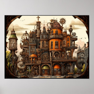 Steampunk byggnad poster