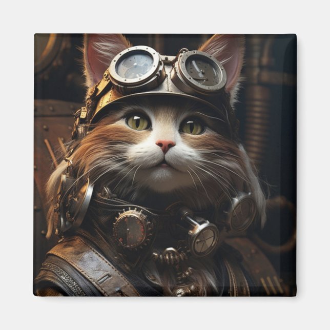 Steampunk Cat Art Illustration Magnet (Framsidan)