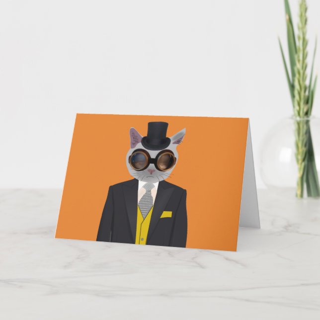 STEAMPUNK CAT BIRTHDAY GREETDS CARDS KORT (Framsida)