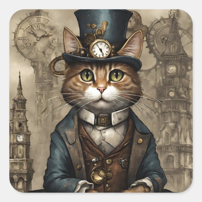 Steampunk Cat Fyrkantigt Klistermärke (Framsida)