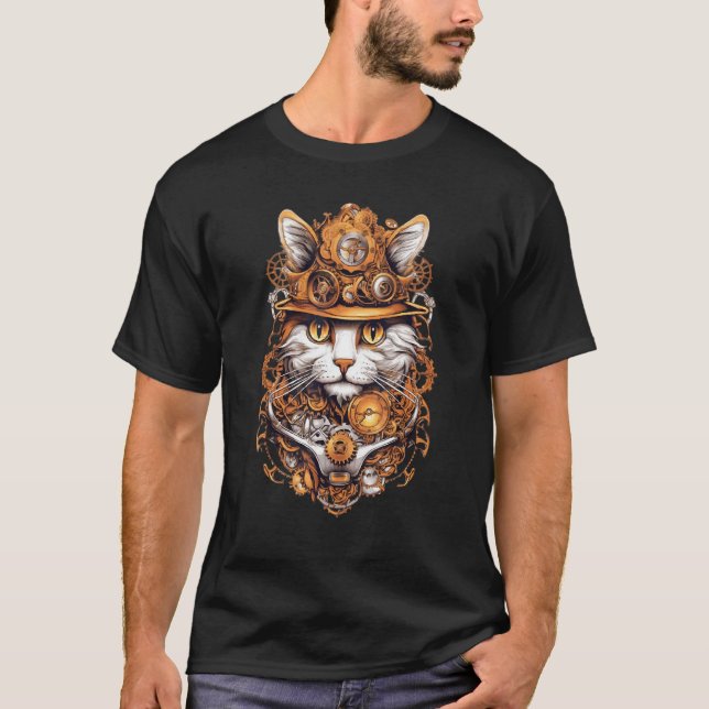 Steampunk Cat Gears Graphic Design Cat Artwork Fa T Shirt (Framsida)
