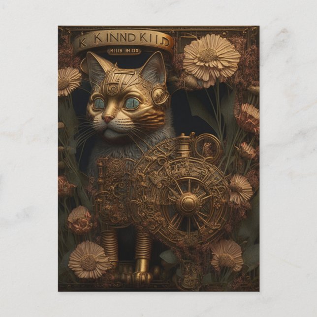 Steampunk Cat Gothic Digital Art Vykort (Framsida)