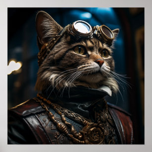 Steampunk Cat i Uniform Retro Poster