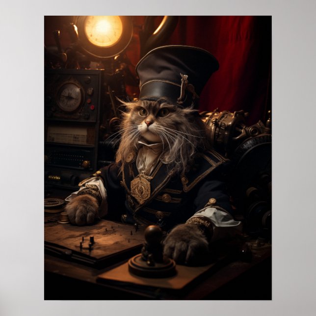 Steampunk Cat i Uniform Retro Poster (Framsidan)