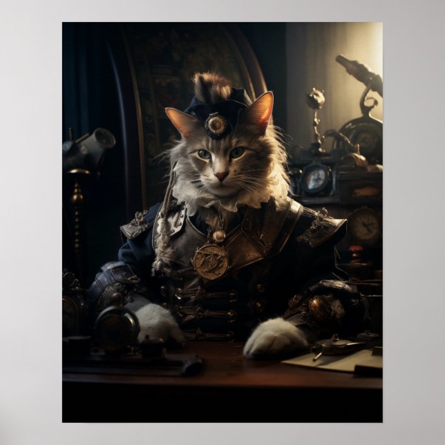 Steampunk Cat i Uniform Retro Poster (Framsidan)