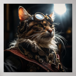 Steampunk Cat i Uniform Retro Poster