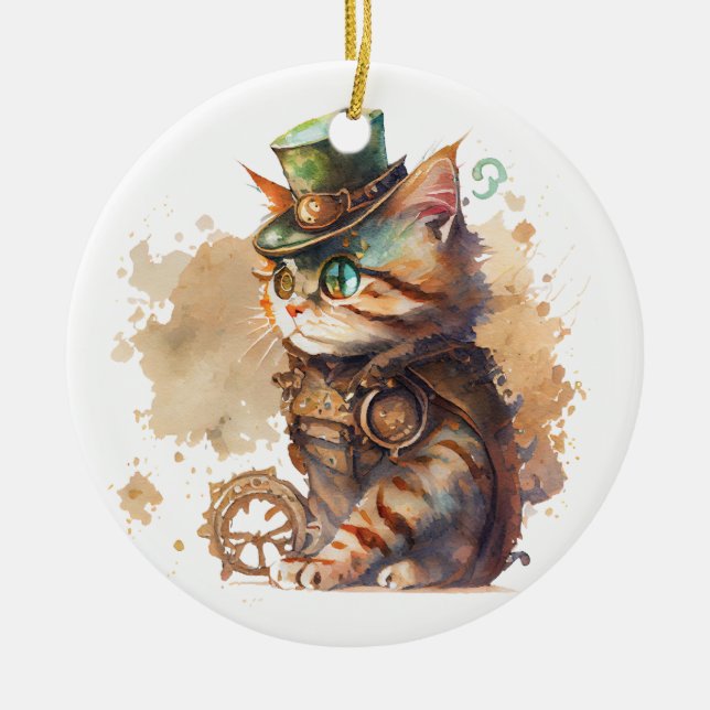 Steampunk Cat Julgransprydnad Keramik (Framsidan)