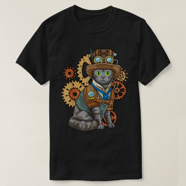Steampunk Cat Mechanical Gears Fantasy Industrial T Shirt (Design framsida)