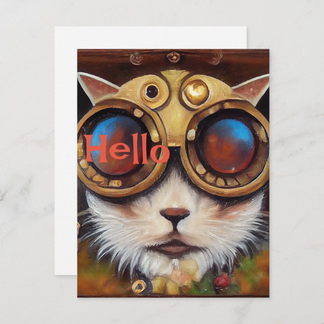 Steampunk Cat Notecard sa Hej Julkort (Fram/baksida)