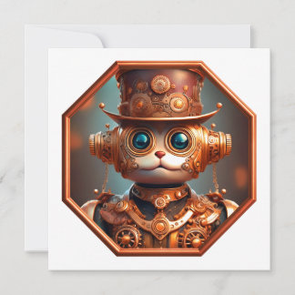 Steampunk Cat Soldier In 8 Sided Bronze Frame Inbjudningar