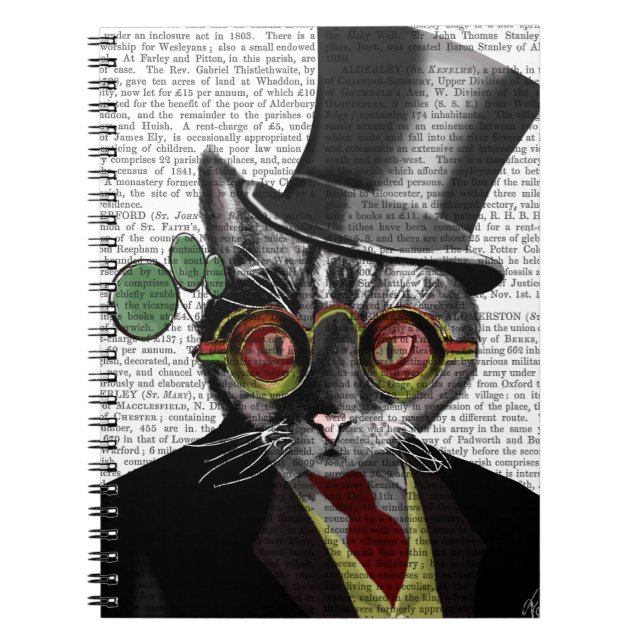 Steampunk Cat - Top hat och rött gult glas Anteckningsbok Med Spiral (Framsidan)