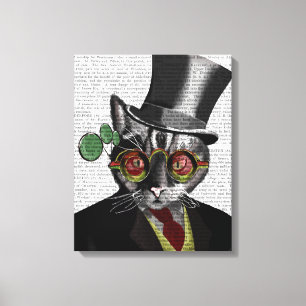Steampunk Cat - Top hat och rött gult glas Canvastryck