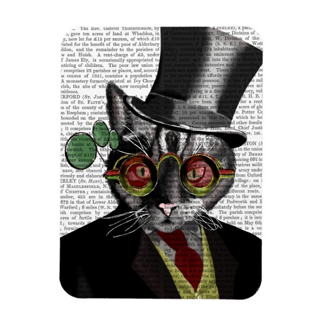Steampunk Cat - Top hat och rött gult glas Magnet (Vertikal)