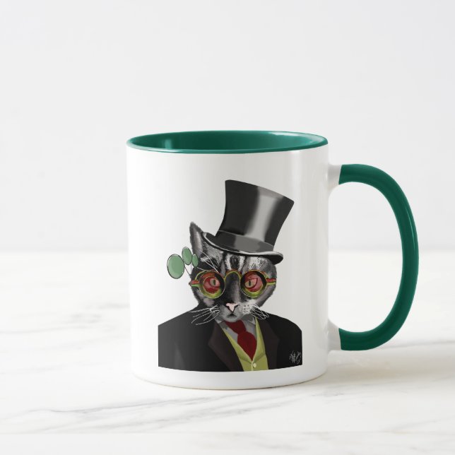 Steampunk Cat - Top hat och rött gult glas Mugg (Höger)