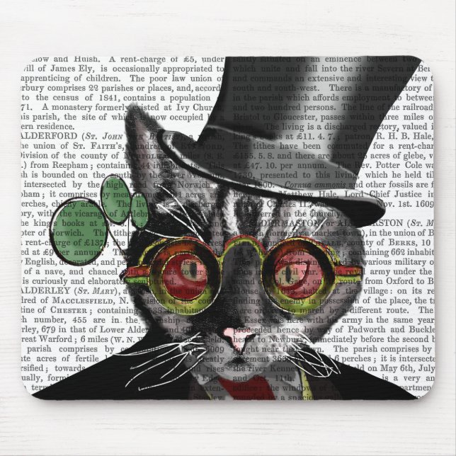 Steampunk Cat - Top hat och rött gult glas Musmatta (Framsidan)