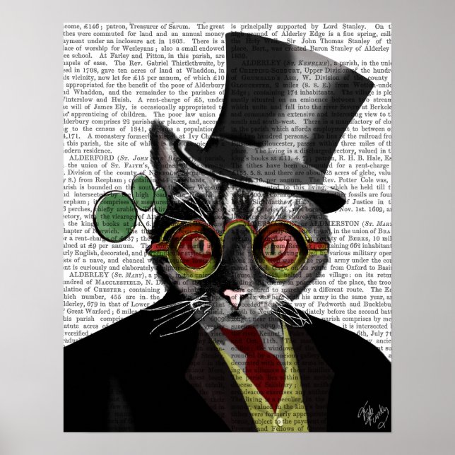 Steampunk Cat - Top hat och rött gult glas Poster (Framsidan)