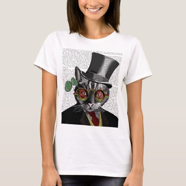 Steampunk Cat - Top hat och rött gult glas Tee (Framsida)