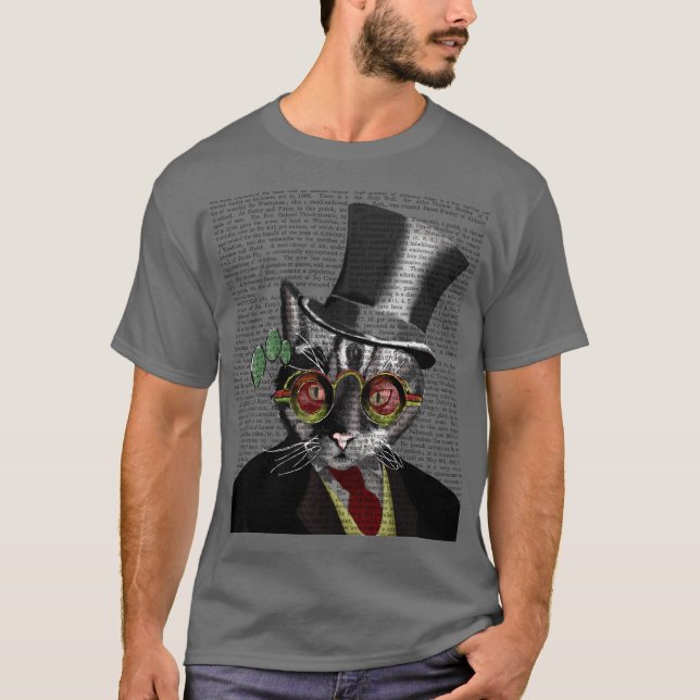 Steampunk Cat - Top hat och rött gult glas Tee (Framsida)