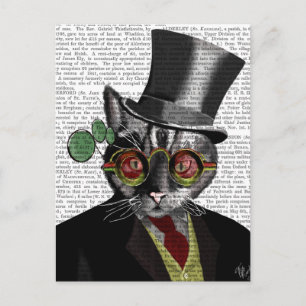 Steampunk Cat - Top hat och rött gult glas Vykort