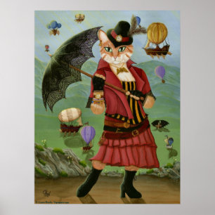 Steampunk Cat Victorian Porträtt Gothic Art Skriv Poster