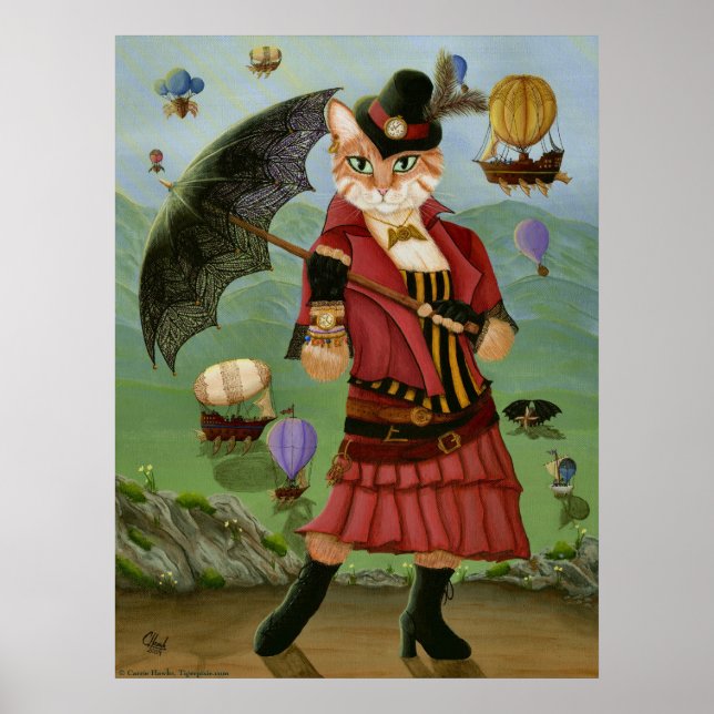 Steampunk Cat Victorian Porträtt Gothic Art Skriv  Poster (Framsidan)