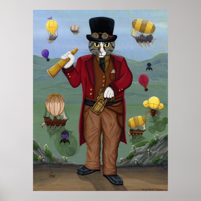 Steampunk Cat Victorian Porträtt Gothic Fantasy Ar Poster (Framsidan)