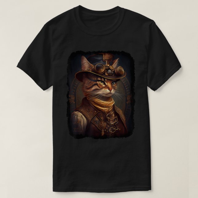 Steampunk Cat, Victorian Stil Porträtt, Sci Fi Ca T Shirt (Design framsida)