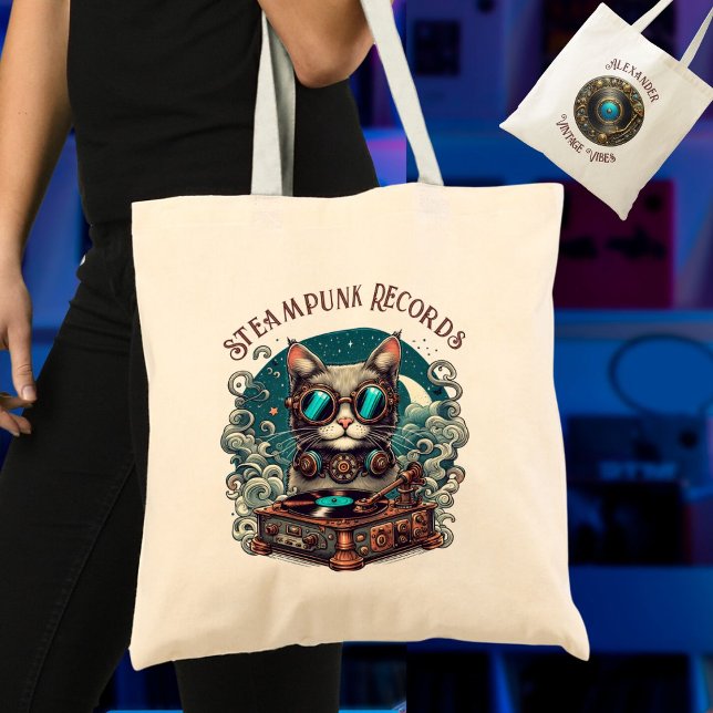 Steampunk Cat Vinyl Record Player Personlig Tygkasse (Skapare uppladdad)