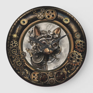 Steampunk Cat Wearing Goggles - WALL CLOCK Stor Klocka