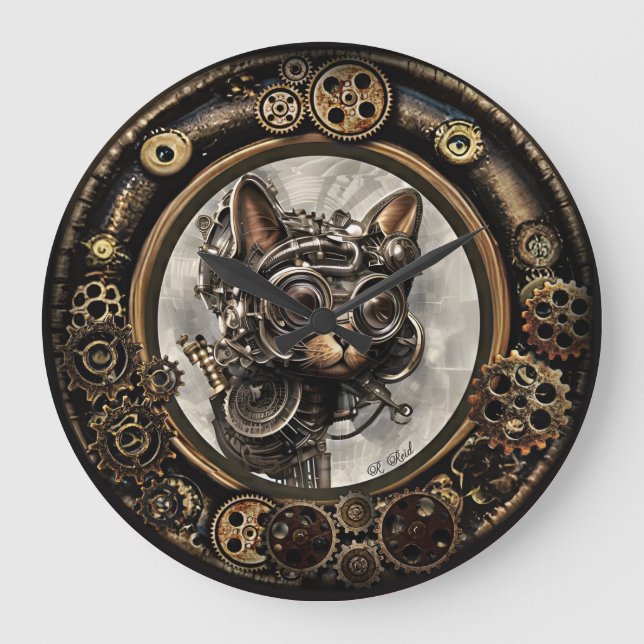 Steampunk Cat Wearing Goggles - WALL CLOCK Stor Klocka (Framsida)