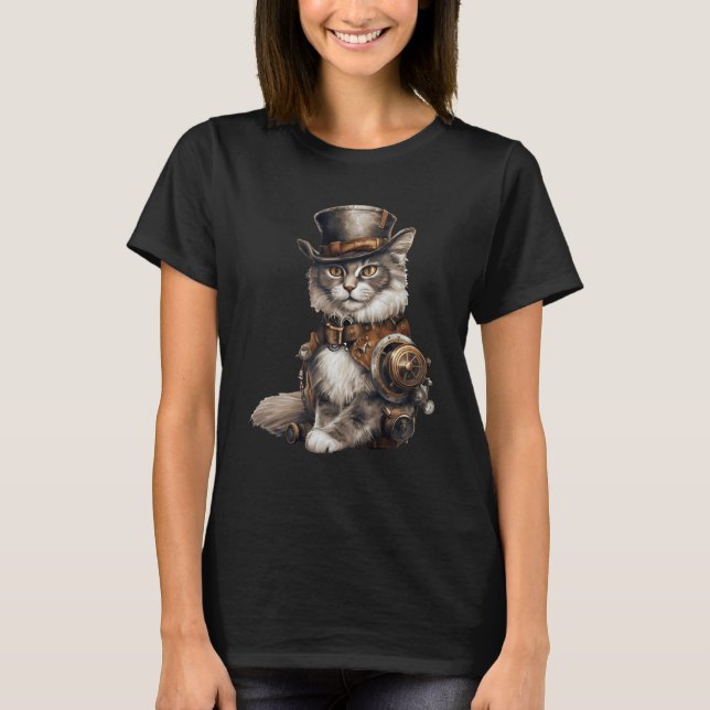 Steampunk Cat With Hat Graphic Design Cat  Fantasy T Shirt (Framsida)